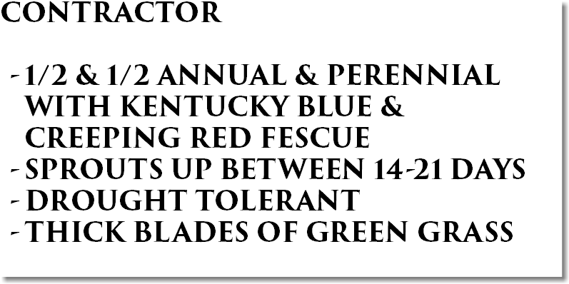 CONTRACTOR 1/2 & 1/2 ANNUAL & PERENNIAL WITH KENTUCKY BLUE & CREEPING RED FESCUE SPROUTS UP BETWEEN 14-21 DAYS DROUGHT TOLERANT THICK BLADES OF GREEN GRASS
